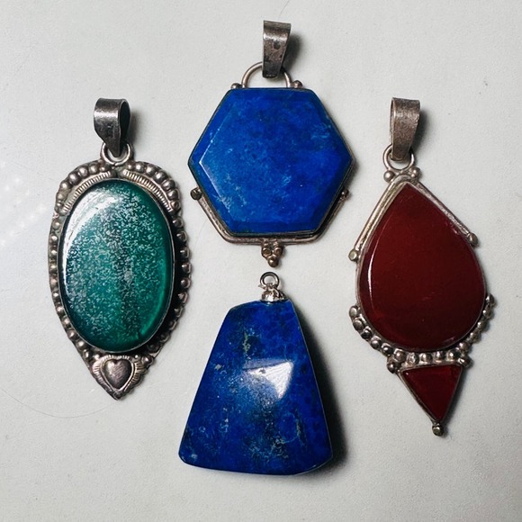 Jewelry - Two Lapis Lazuli Pendants - Plus Two Similar Stones Red and Green